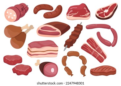 Meat set set concept without people scene in the flat cartoon design. Images of meat and various meat products. Vector illustration.