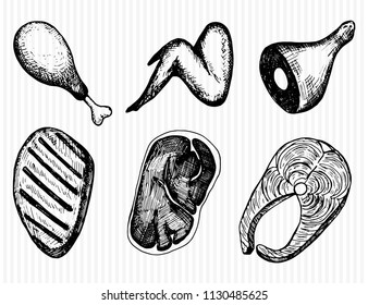 meat set food hand-drawn vector set. isolated sketches.