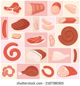 Meat Set, Fresh Raw Food Products From Butchery Shop Vector Illustration. Cartoon Beef Steak And Pork, Chicken Or Turkey Leg, Ham Slices And Bacon, Salami Sausages In Geometric Collage Background