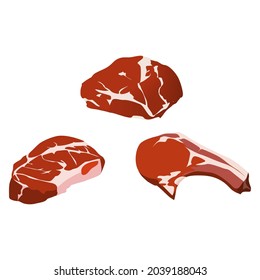 Meat, Set of meat fresh steaks, Fragments of pork and beef, Vector illustration.