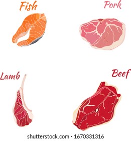 meat set of Hand Drawing. Pork, beef , lamb and fish raw meat products   vector isolated with text