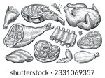 Meat set. Hand drawn vector illustration for butcher shop or restaurant menu. Sketch engraved style