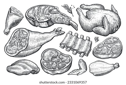 Meat set. Hand drawn vector illustration for butcher shop or restaurant menu. Sketch engraved style