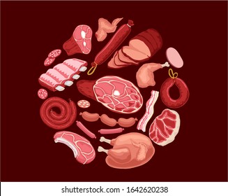 Meat set illustration. Fresh meat and boiled sausage, salami and chicken, bacon, raw sliced pork tenderloin and cooked ham for barbeque meal and gourmet shopping vector illustration