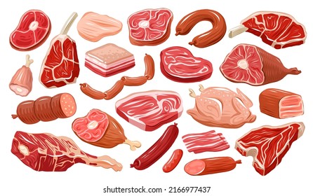 Fleischset einzeln auf Weiß. Farmkost, Metzgerei Konzept. Vektorgrafik