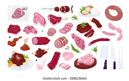 Meat Set Of Isolated Vector Illustrations. Meat Cuts Assortment Of Beef, Pork, Lamb, Round Steak And Boneless Rump, Whole Leg, Rib Roast, Loin And Rib Chops, Rustic Belly. Collection For Barbecue.