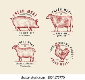 Meat set of labels. Butcher shop symbol. Vintage vector illustration