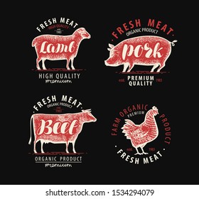 Meat set of labels. Butcher shop, food symbol. Vintage vector illustration