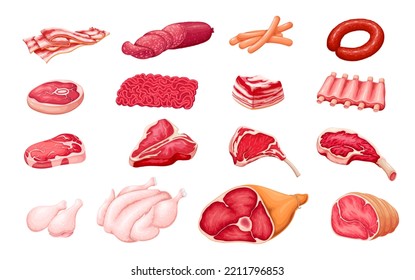 Fleischset, Rohnahrungsmittel von Metzgern Shop Vektorgrafik. Fleischsortiment aus Cartoon-Schlachthöfen mit frischem Schweinefleisch und Rindsteaks, Lammrippen und Wurst in Scheiben geschnitten, einzelne Hühner und Beine