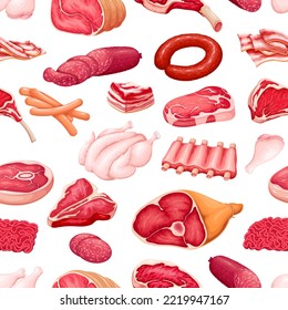 Meat set seamless pattern vector illustration. Cartoon isolated cut or whole products of butchers shop to grill and cook for home or restaurant menu, raw beef steak and pork ribs, chicken and ham