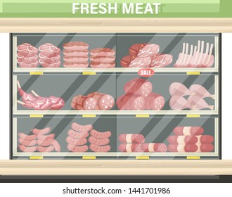 Meat set stands shopping Vector. Pastrami, salami and saussage flat style