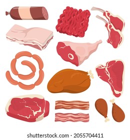 Meat Set Vector Isolated. Various Types Of Meat Products. Raw Pork, Roasted Chicken, Lamb Leg And Sausage. Protein And Fat Food. Uncooked Red Meat.