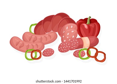 Meat set Vector. Pastrami, salami and saussage flat style