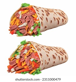 Meat shawarma with ingredients beef meat with carrot and mustard in lavash realistic 3d vector graphic isolated white background for menu