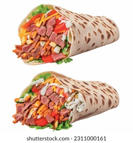 Meat shawarma with ingredients with tofu zucchini and teriyaki sauce in pita bread realistic 3d vector graphic isolated white background for menu