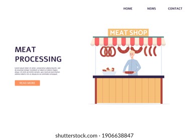Meat shop banner - food market booth with seller selling sausages isolated on white background. Street stall stand front with cartoon man, flat vector illustration.