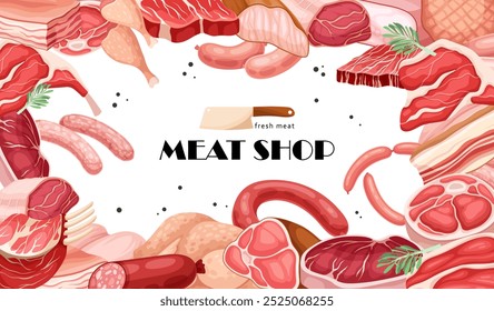 Meat shop banner. Sauage and salami, chicken, pork and beef. Natural and organic frozen products. Cooking and food preparation. Cover or poster. Flat vector illustration