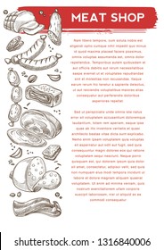 Meat shop butchery beef and pork sausages and bacon slices vector ham and frankfurters salami smoked food pistachio nut and garlic spices organic farm animal product cooking ingredient gastronomy