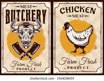 Meat shop and butchery set of two vector posters with chicken and bull illustration in vintage style