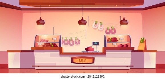 Meat shop, butchery store interior with farm production on showcase, cashier desk and scales. Fresh sausages hang on wall, farmer meaty products, food in supermarket stall, Cartoon vector illustration