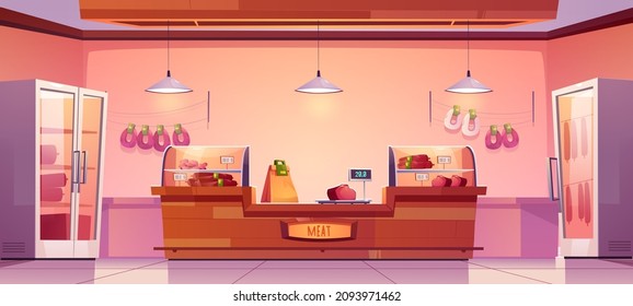 Meat shop, butchery store interior with farm production on showcase, cashier desk and scales. Fresh sausages hang on wall, farmer meaty products, food in supermarket stall, Cartoon vector illustration