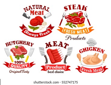 Meat Shop And Butchery Symbol Set. Fresh Chicken, Beef Steak And Ribs, Pork Chops And Tenderloin Slices, Framed With Ribbon Banner, Knives And Chef Hat. Meat Farm, Steak House Menu Design