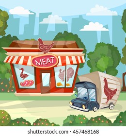 Meat shop cartoon butcher store facade building vector 