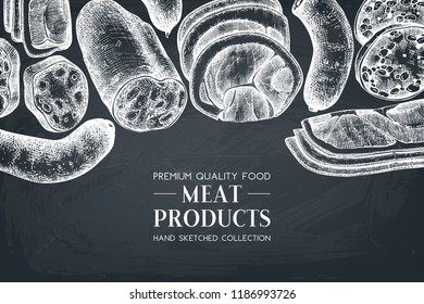 Meat shop design. Dairy products vintage template on chalkboard. Hand drawn food illustrations.  Cafe or restaurant menu template.