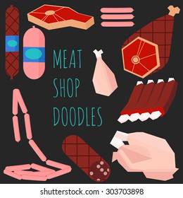 Meat shop doodles on black background.