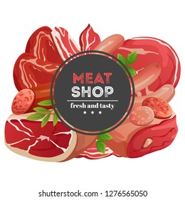 Meat shop emblem with meat products vector illustration