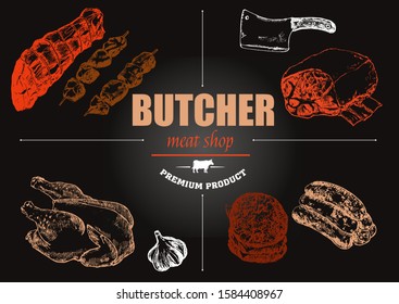 Meat shop hand drawn sketch vector vintage illustration. Chalkboard meat shop menu poster design with beef steak, ham, poultry, filet kebab and burgers.