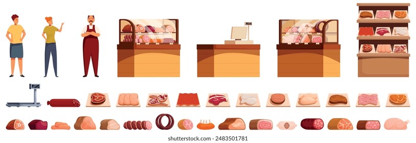 Meat shop interior icons set. Butcher shop customers choosing fresh meat products for cooking delicious dishes