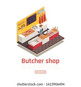 Meat shop interior isometric composition with beef cuts knives butcher behind counter selling ham steaks vector illustration 