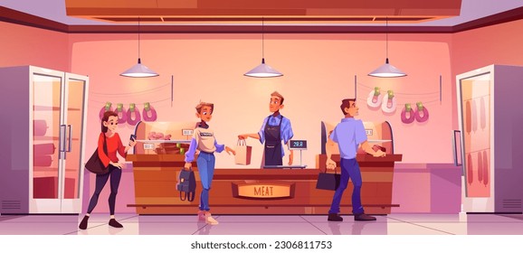 Meat shop keeper vector illustration. Cartoon supermarket farmer beef section with people stand in queue to butcher salesman. Small butchery store interior aisle with chicken and sausage to buy