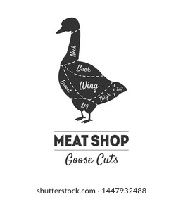 Meat Shop Label, Goose Cuts, Butchers Guide, Farm Poultry with Meat Cuts Lines, Vintage Black and White Vector Illustration