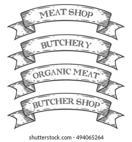 Meat shop market butchery emblem ribbon. Monochrome medieval set vintage engraving sign isolated on white background. Sketch vector hand drawn illustration. Local meat shop, fresh food retro style.