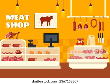 Meat Shop or market Vector Illustration with Various Fresh Meats Products and Sausages of Beef Pork Chicken in Flat Cartoon Background Design