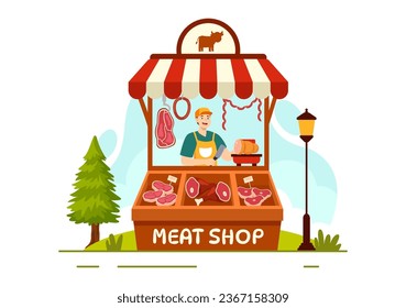 Meat Shop or market Vector Illustration with Various Fresh Meats Products and Sausages of Beef Pork Chicken in Flat Cartoon Background Design