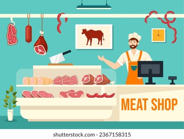 Meat Shop or market Vector Illustration with Various Fresh Meats Products and Sausages of Beef Pork Chicken in Flat Cartoon Background Design