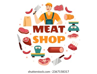 Meat Shop or market Vector Illustration with Various Fresh Meats Products and Sausages of Beef Pork Chicken in Flat Cartoon Background Design