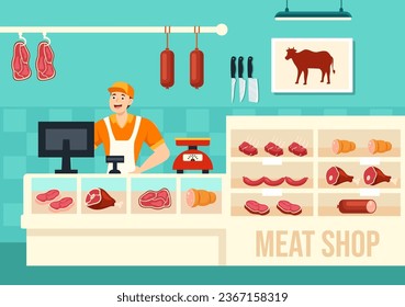 Meat Shop or market Vector Illustration with Various Fresh Meats Products and Sausages of Beef Pork Chicken in Flat Cartoon Background Design