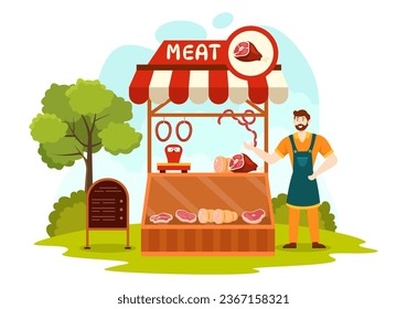Meat Shop or market Vector Illustration with Various Fresh Meats Products and Sausages of Beef Pork Chicken in Flat Cartoon Background Design
