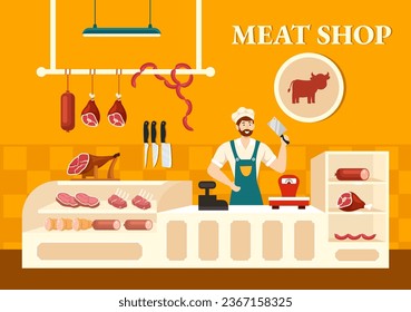 Meat Shop or market Vector Illustration with Various Fresh Meats Products and Sausages of Beef Pork Chicken in Flat Cartoon Background Design