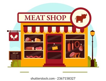 Meat Shop or market Vector Illustration with Various Fresh Meats Products and Sausages of Beef Pork Chicken in Flat Cartoon Background Design