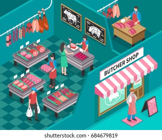 Meat shop with outside view and interior design sellers butcher and customers fresh products isometric vector illustration