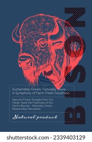 Meat shop poster. Vintage sketch bison head on colored background. Butcher market retro print. Butchery label creative typography design. Natural farm product placard. Engraved buffalo drawing artwork