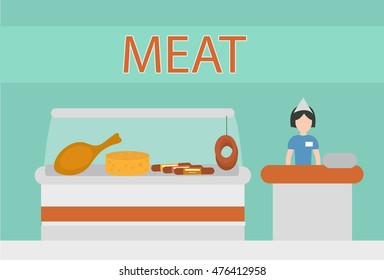 Meat shop showcase, supermarket meat department. Sausage,cheese. Vector illustration.