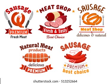 Meat shop signs. Grocery market, butcher shop vector icons of fresh veal, smoked pork sausage, beef meat loaf, grilled wurst, salami, sliced bacon. Isolated symbols, ribbons for restaurant menu, shop