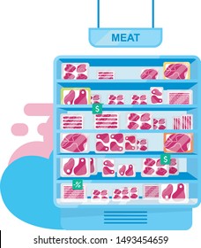 Meat at shop stall flat vector illustration. Fresh meat in fridge, butchery assortment in grocery store. Farmers market. Protein rich frozen food. Raw, uncooked meal. Supermarket department