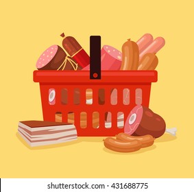 Meat shopping basket full of food. Fresh farm meat. Shopping cart with meat. Vector flat cartoon illustration